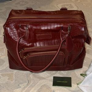 Longchamp Women's Croc-Embossed Burgundy Satchel Bag